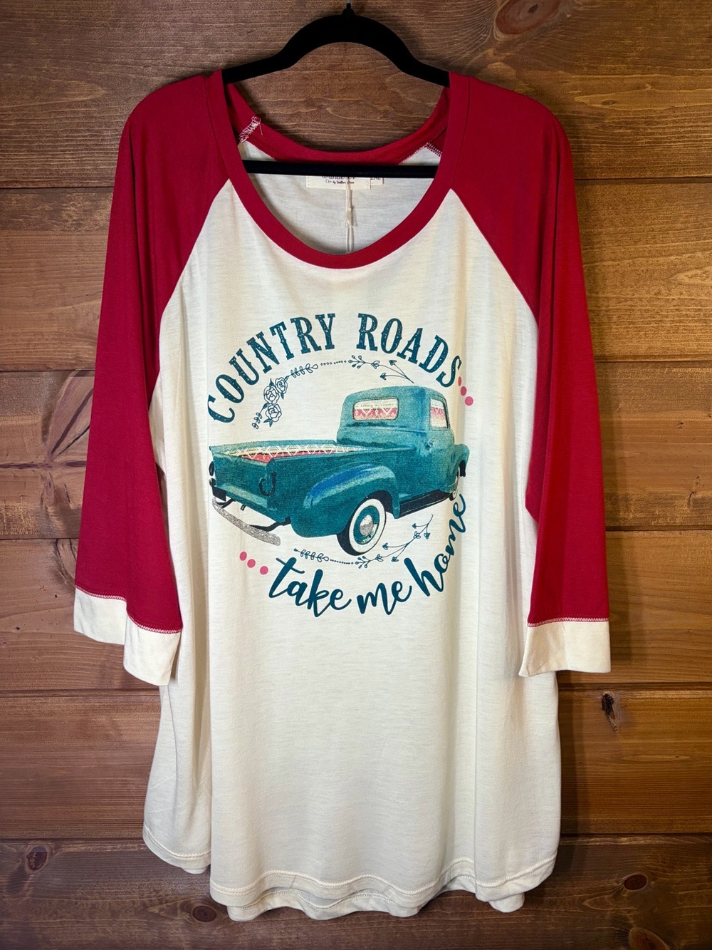 Southern Grace Cream Raglan Tee with 3/4 Red Sleeves and Teal Truck Graphic 2XL